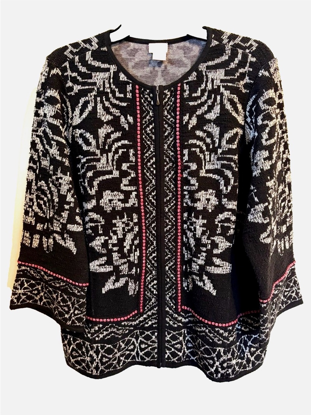 Chico’s Zip Front Knit Jacket 3 XL Black Ivory Floral Cotton Blend